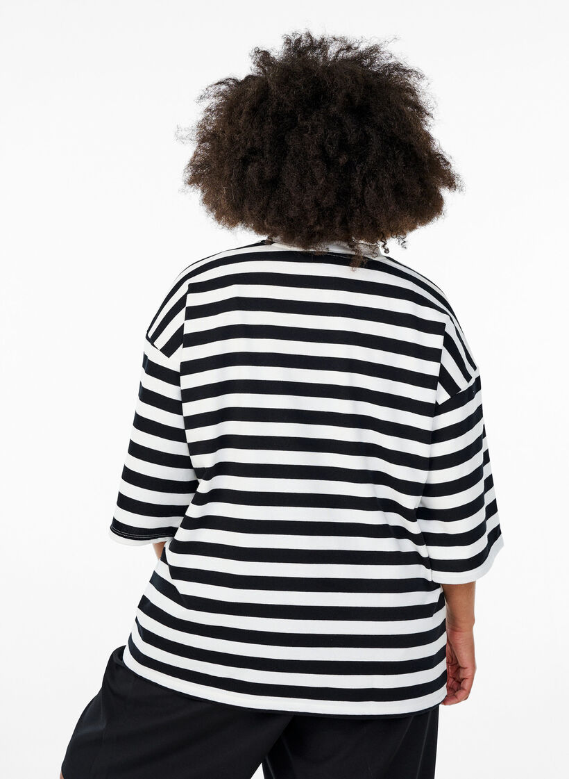 Striped blouse with 3/4 sleeves and button detail, Black, Model image number 2