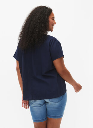 Short-sleeved blouse in cotton blend with linen, Navy Blazer, Model image number 1
