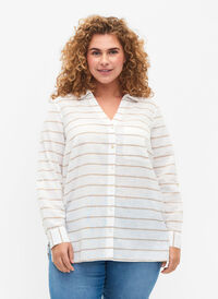 Shirt with button closure, White Taupe Stripe, Model