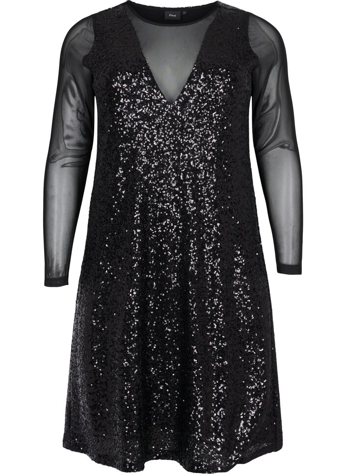 A-line sequin dress with long sleeves, Black, Packshot image number 0