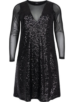 A-line sequin dress with long sleeves, Black, Packshot image number 0