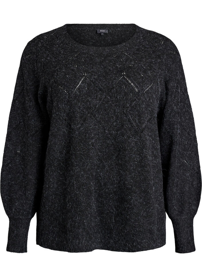 Knitted top with openwork pattern and balloon sleeves, Dark Grey, Packshot image number 0