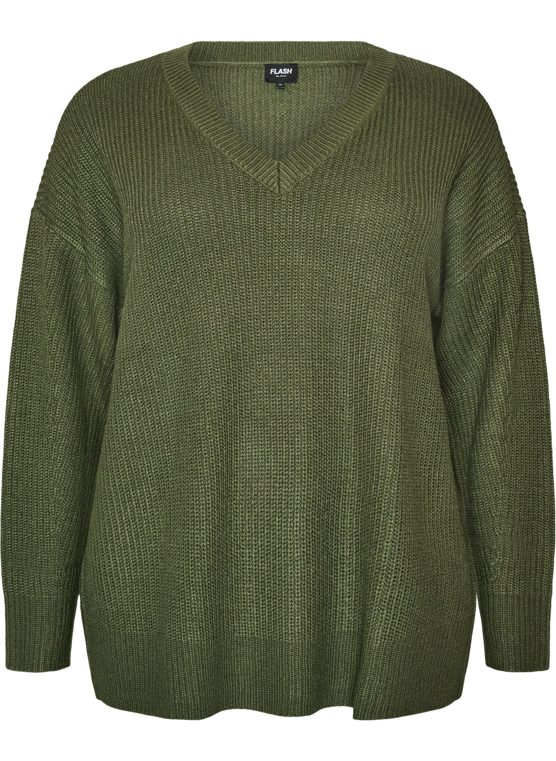 ZizzifashionLong rib-knitted blouse with a V-neck, Green, Packshot image number 0
