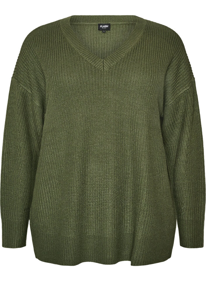 Long rib-knitted blouse with a V-neck, Green, Packshot image number 0