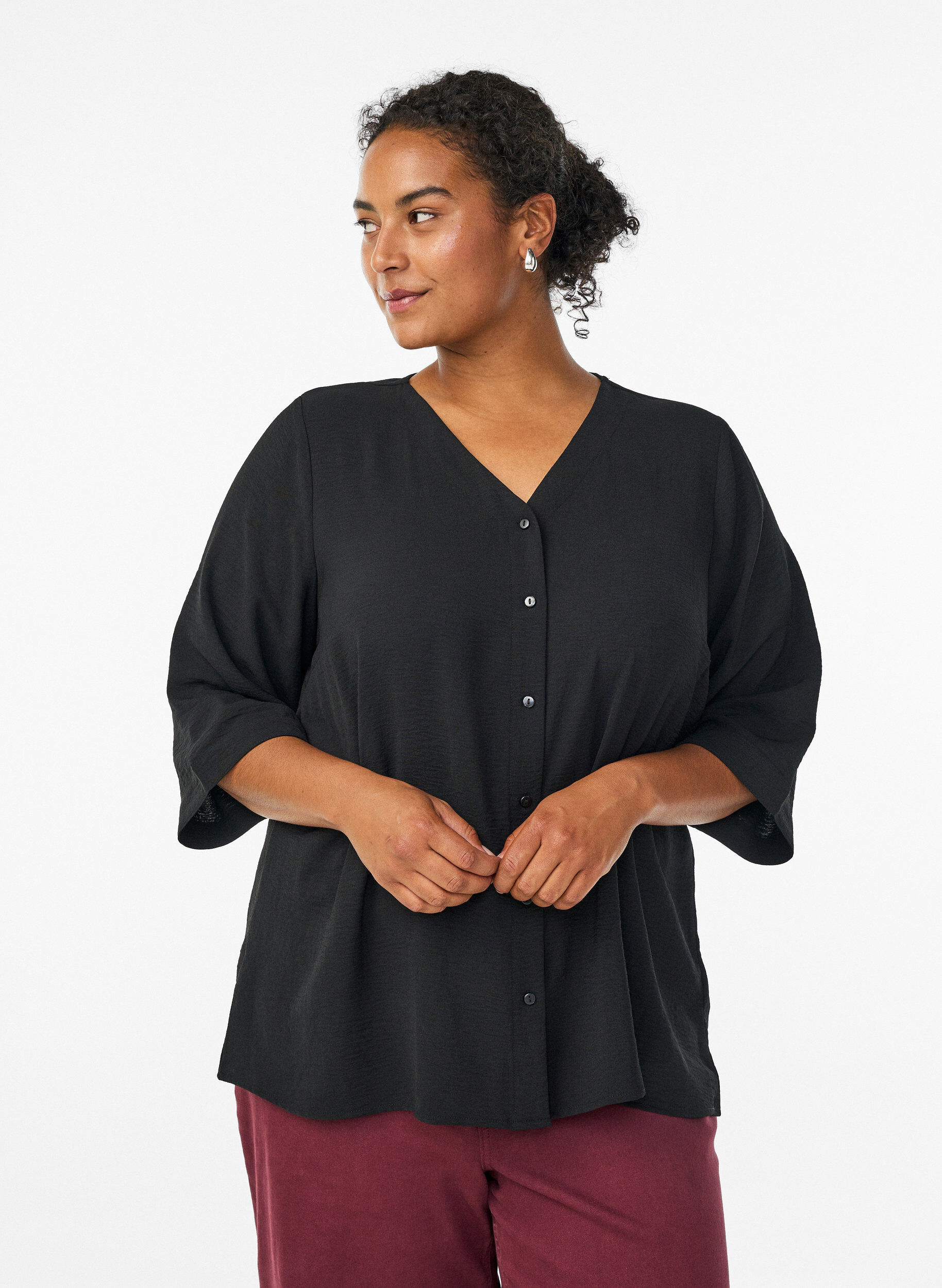 Shirt Blouse with V-Neck and 3/4 Sleeves, Black, Model
