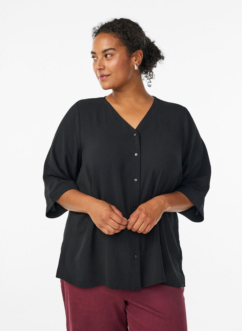Shirt Blouse with V-Neck and 3/4 Sleeves, Black, Model image number 0