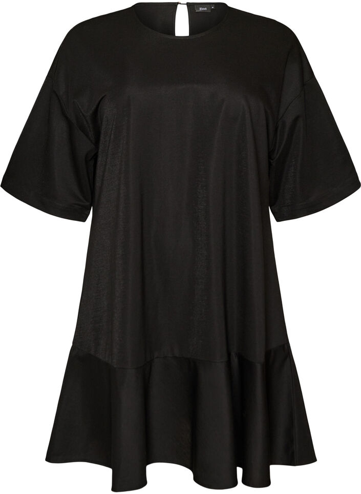 Short dress with a loose fit and ruffle hem, Black, Packshot image number 0