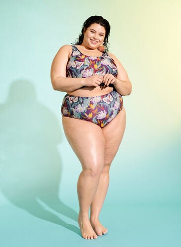 High-waisted bikini bottoms with print, Deep Tropical Print, Image image number 0