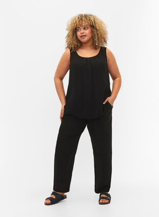 Plain cotton trousers with linen, Black, Model image number 0