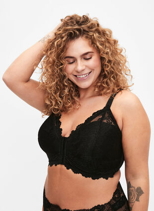 Lace bra with front closure, Black, Model image number 0