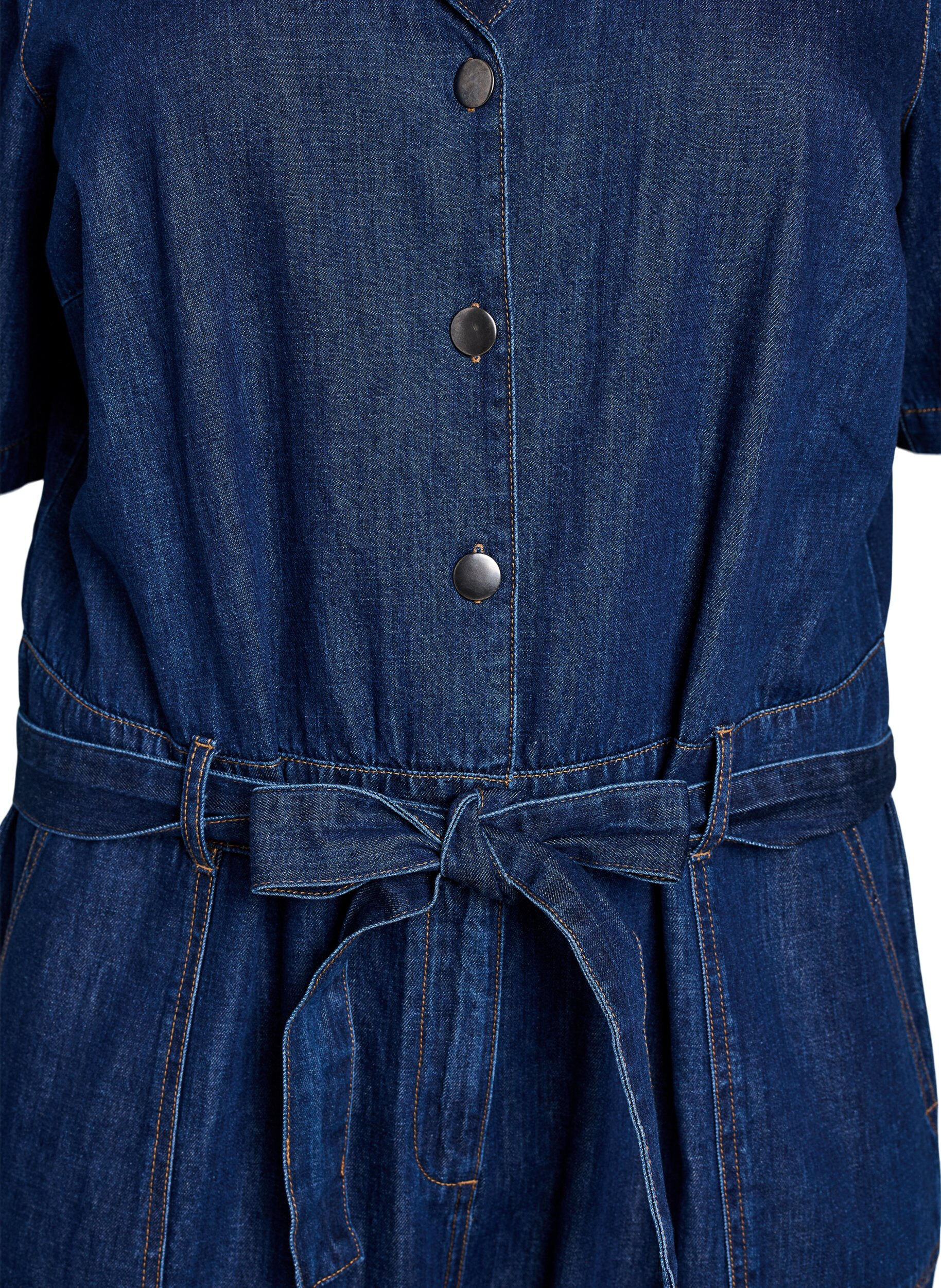 Zizzifashion Denim jumpsuit with short sleeves and a tie belt, Blue, Packshot image number 2