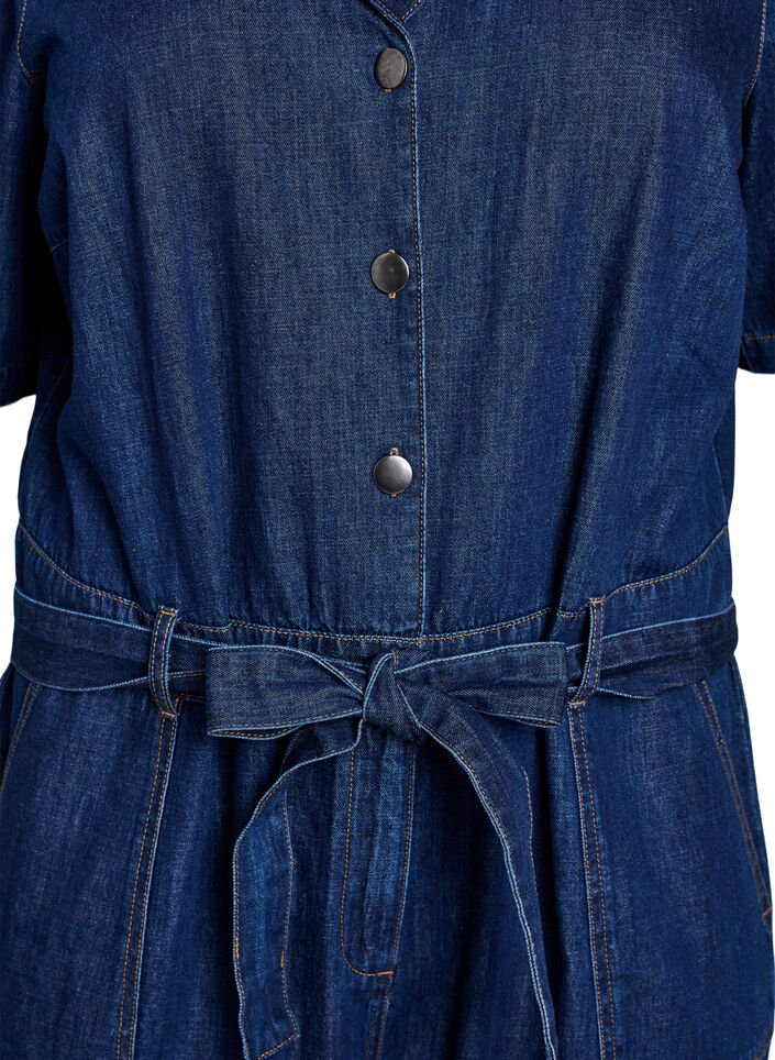 Denim jumpsuit with short sleeves and a tie belt, Blue, Packshot image number 2