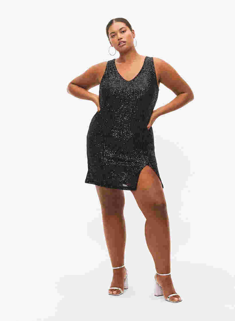 Sleeveless sequin dress with v-neck, Black, Model image number 3