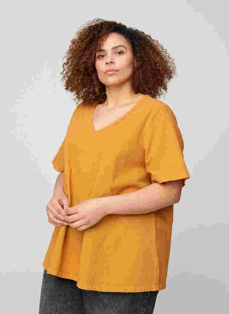 Short-sleeved blouse in cotton, Buckthorn Brown, Model image number 0