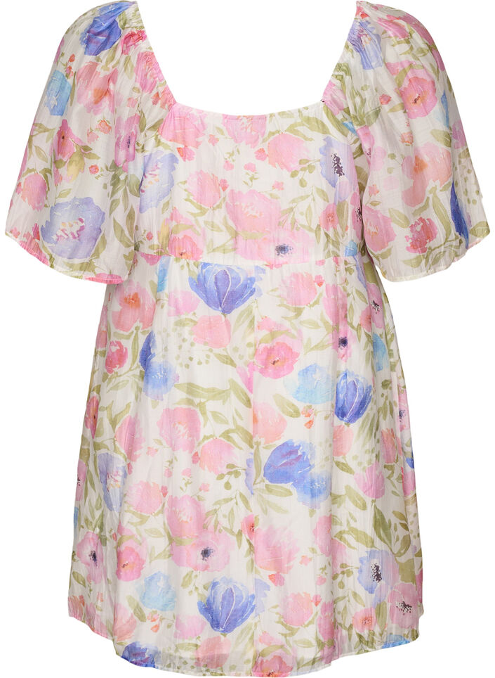 Floral empire line dress with a wide V-neck, White, Packshot