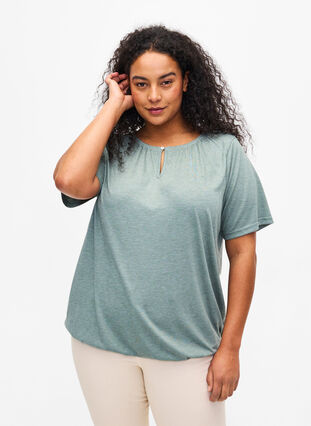 Melange blouse with short sleeves, Chinois Green Mel., Model image number 0