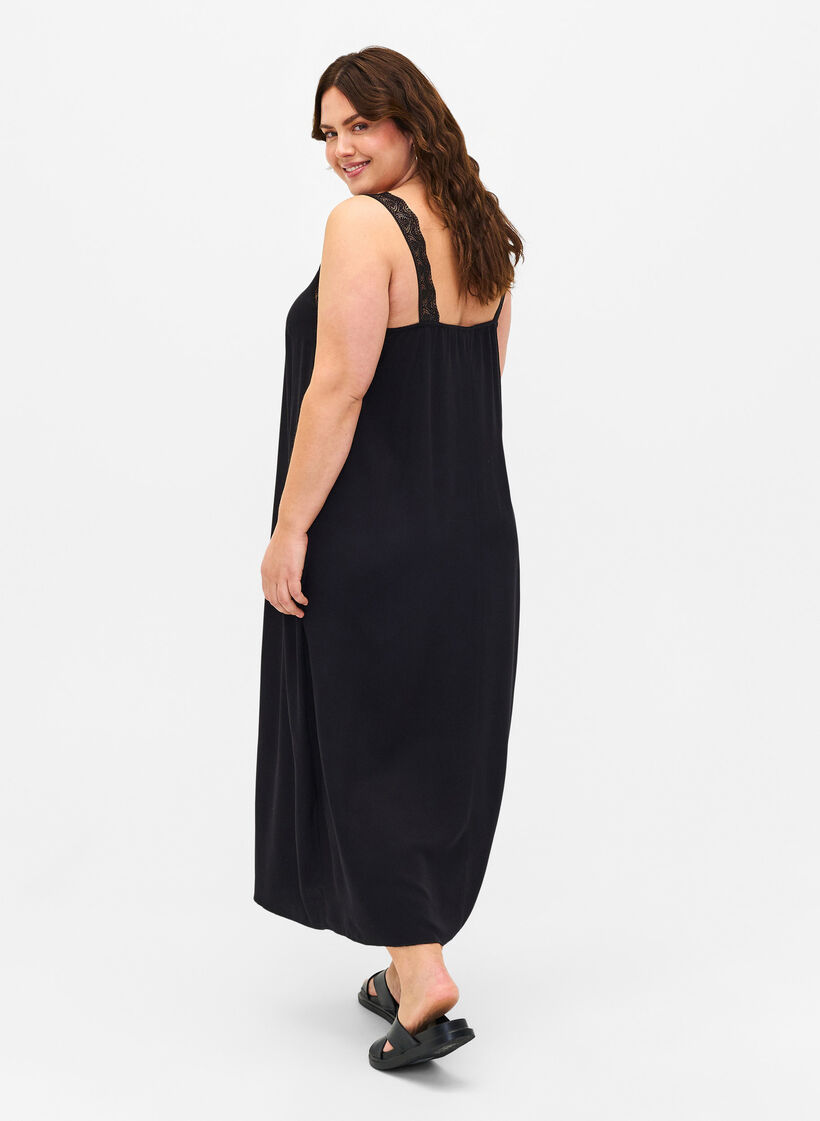 Midi-length strap dress in viscose with lace, Black, Model image number 1