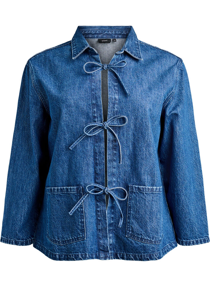 Denim jacket with tie fastening and pockets, Blue Denim, Packshot image number 0
