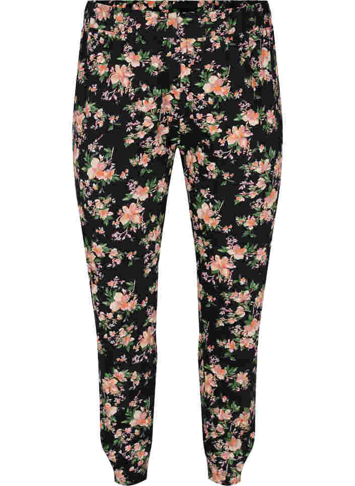 Cotton night trousers with floral print, Black Flower, Packshot image number 0