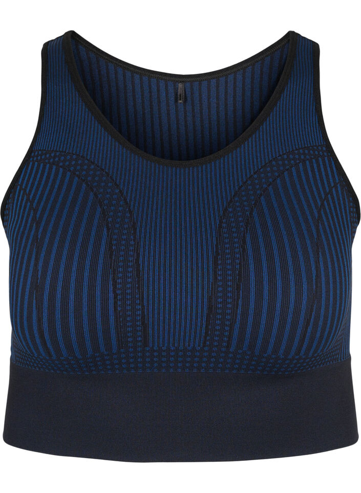 Seamless sports bra with stripes, Black w. Blue Depths, Packshot image number 0