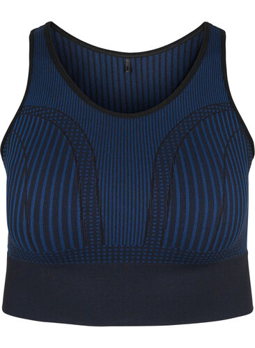Seamless sports bra with stripes, Black w. Blue Depths, Packshot image number 0