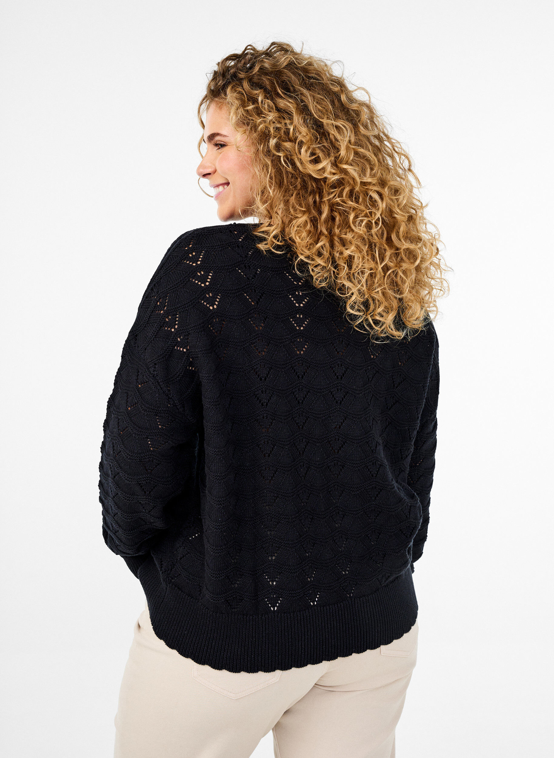 Zizzifashion Long-sleeved knit blouse with an openwork pattern, Black, Model image number 1