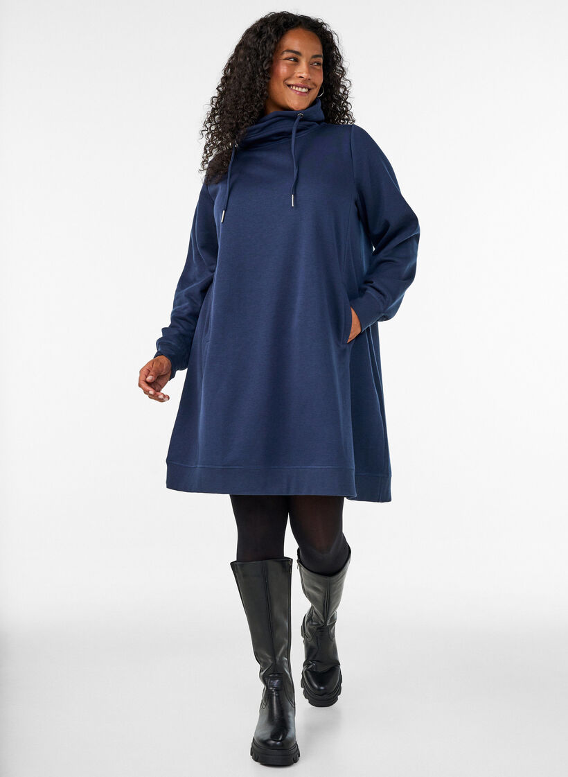 Short sweatshirt dress with high collar and pockets, Blue, Model image number 1