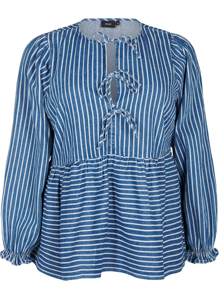 Striped denim blouse with front tie, Blue, Packshot image number 0