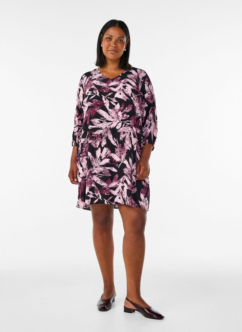 Short floral viscose dress with 3/4 sleeves, Black, Model image number 1
