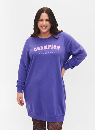 Sweat dress in cotton with a text print, Purple Corallites, Model image number 0
