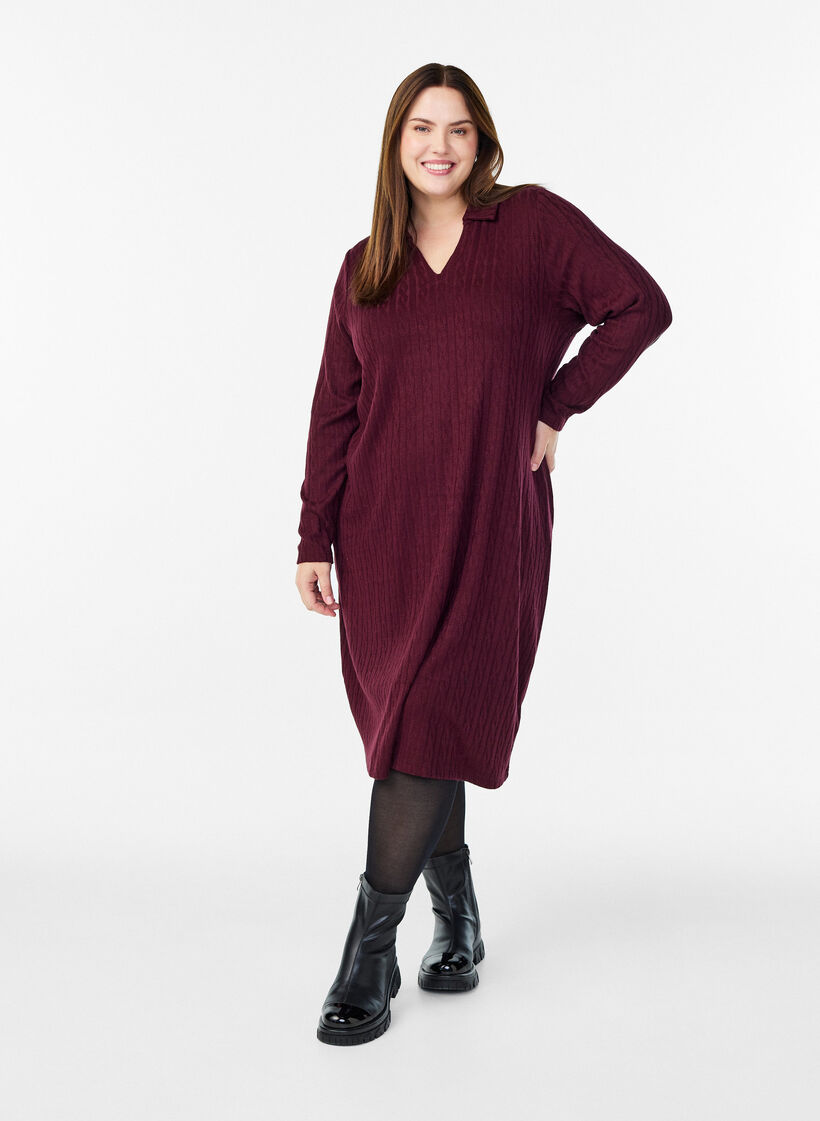 Dress with cable structure and v-neck, Dark Bordeaux, Model image number 1