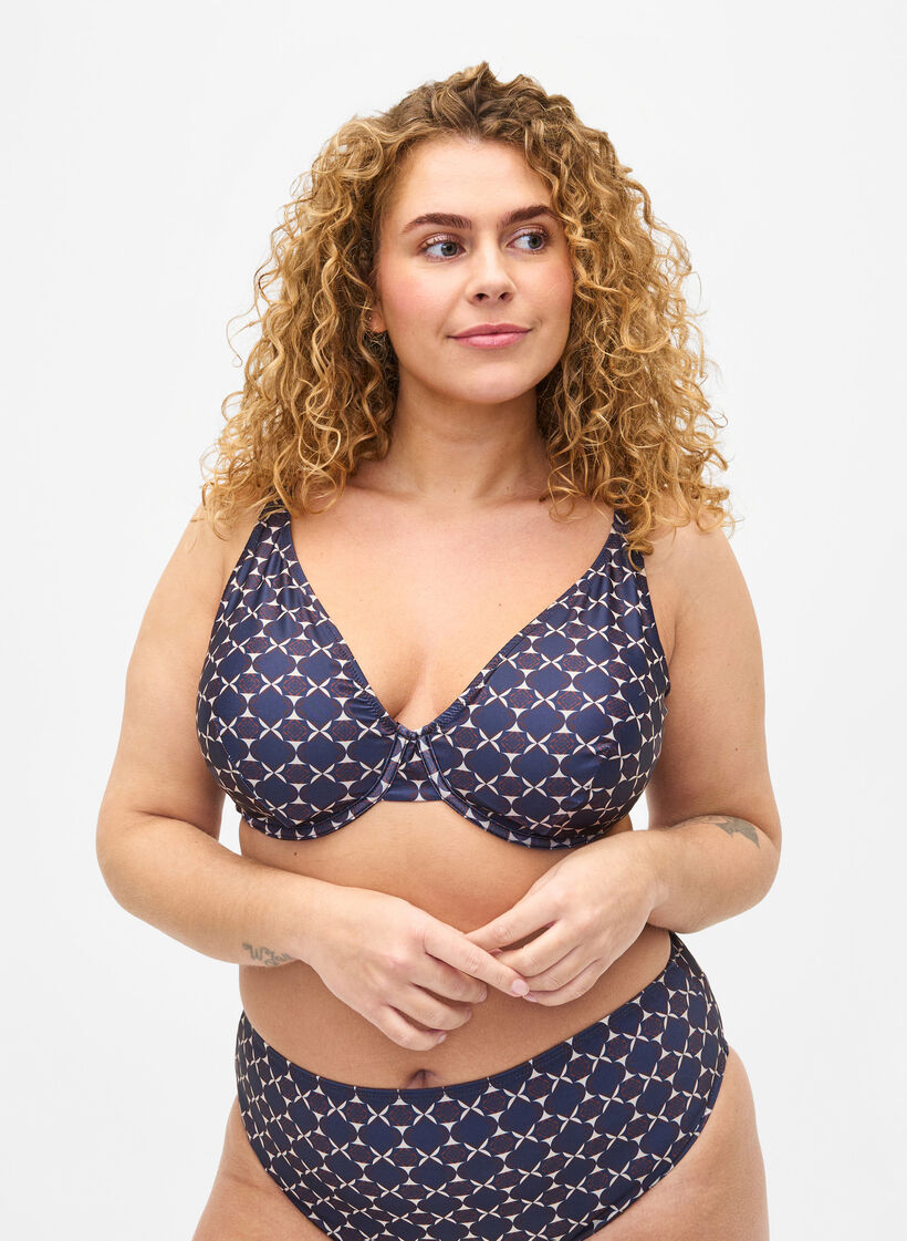 Printed bikini top with underwire, Blue, Model image number 0