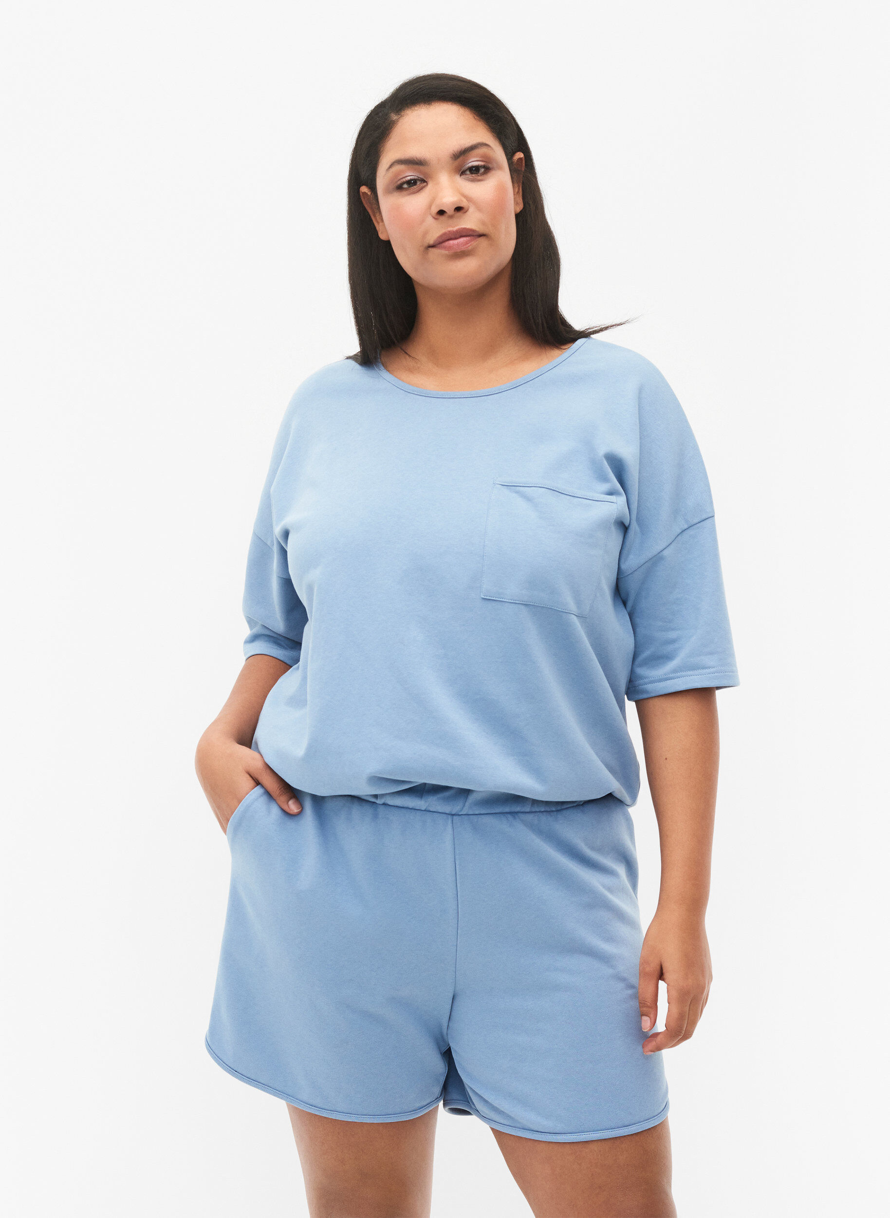 Zizzifashion Plain workout shorts with pockets, Faded Denim, Model image number 0