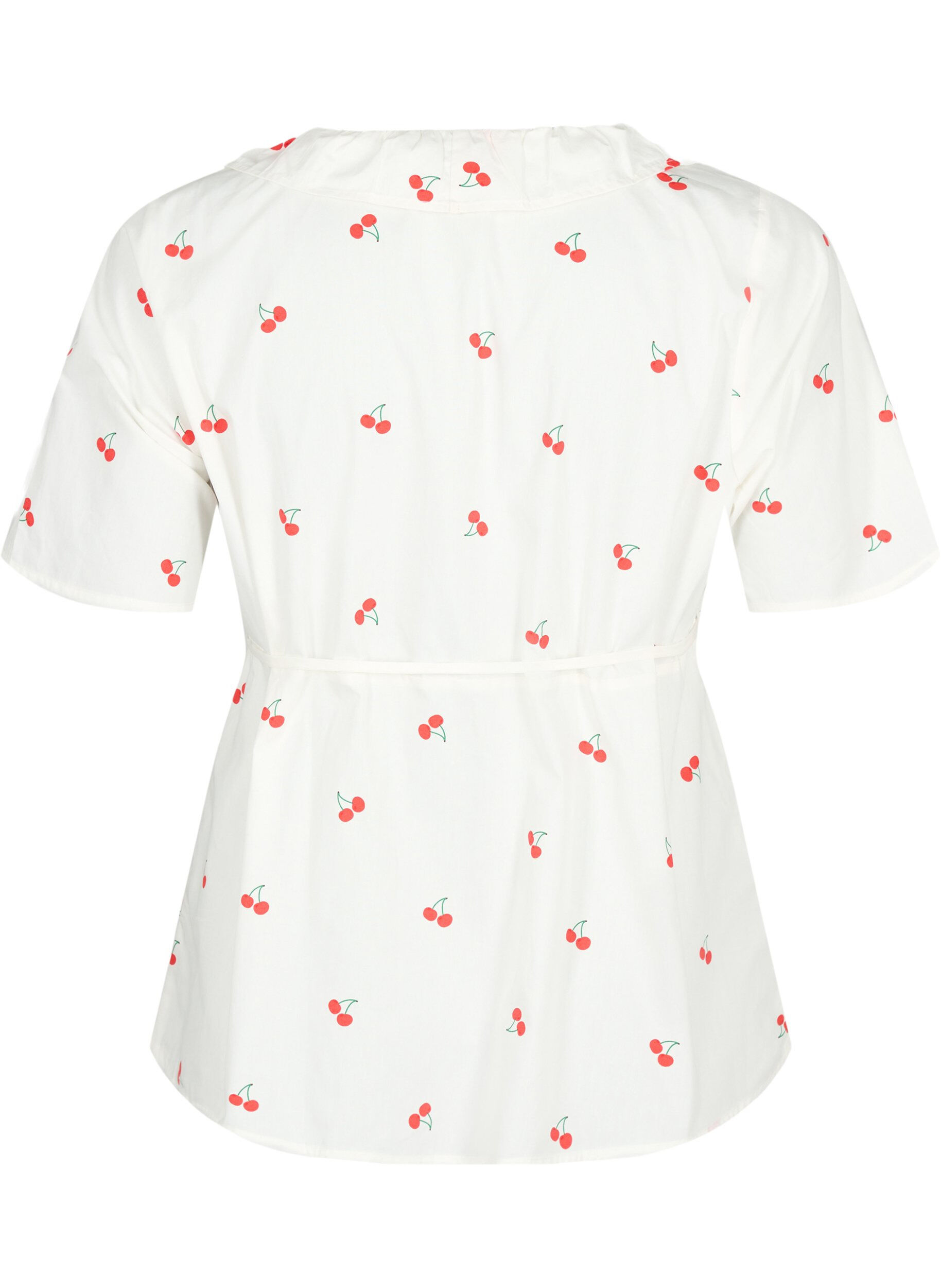 Zizzifashion Cherry print wrap blouse in cotton, B. White/Cherry, Packshot image number 1