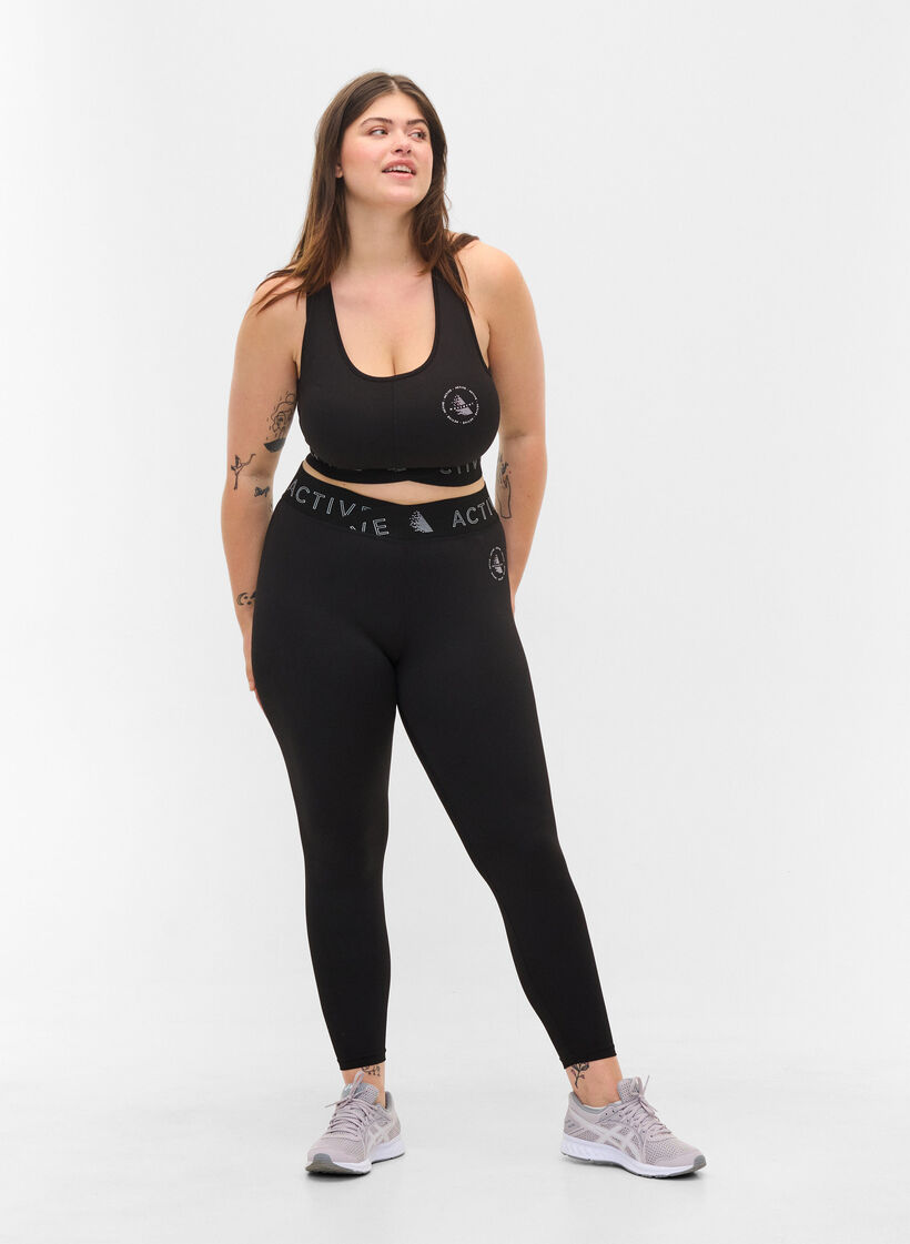 Cropped gym leggings with text print, Black, Model