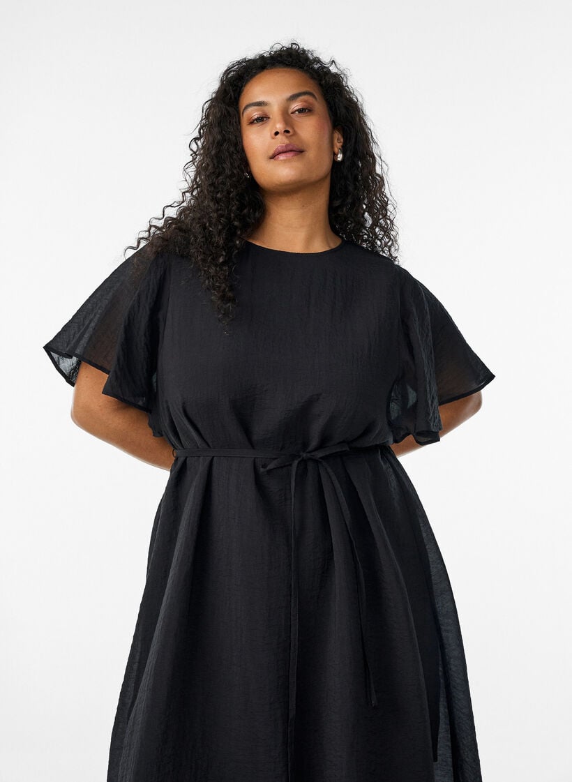 Ankle-length dress with flutter sleeves and tie-waist, Black, Model image number 2