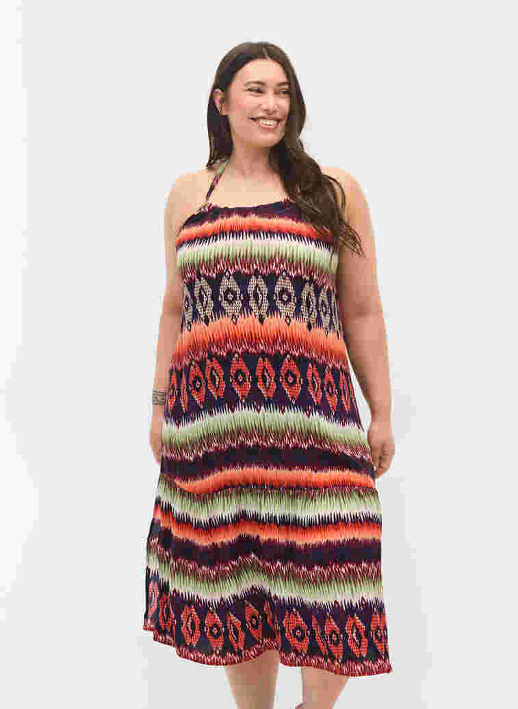 Long beach dress in viscose, Ethnic AOP, Model image number 0
