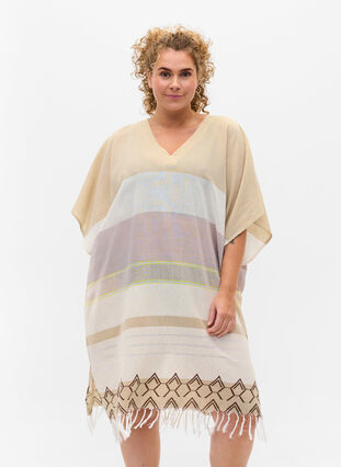 Striped cotton beach dress with fringe, Sand As Sample, Model image number 0