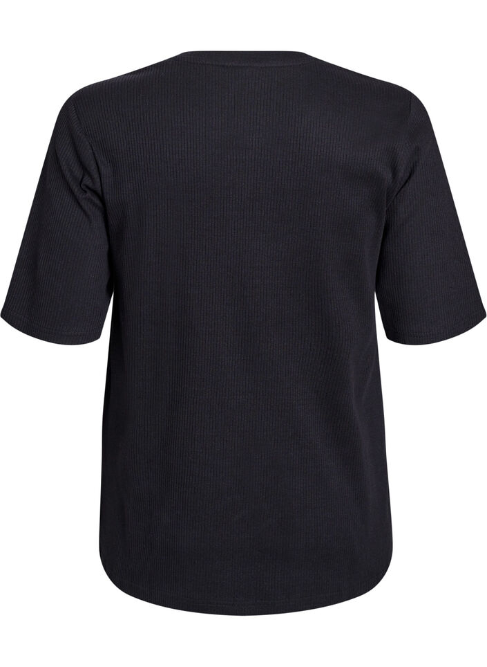 Ribbed jersey blouse with short sleeves, Black, Packshot image number 1