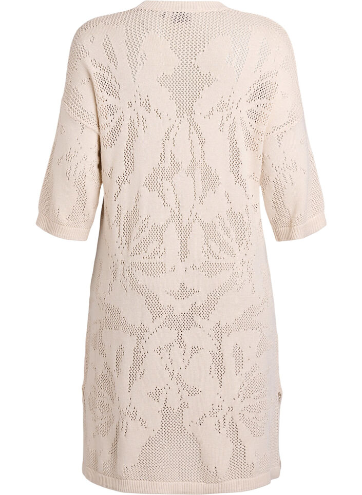 Knitted dress with openwork pattern and 3/4 sleeves, Beige, Packshot image number 1