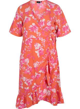 Printed short-sleeved wrap dress, Orange AOP, Packshot image number 0