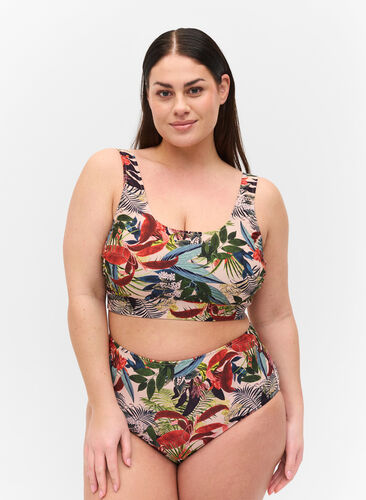 High-waisted bikini bottoms with print, Palm Print, Model image number 0