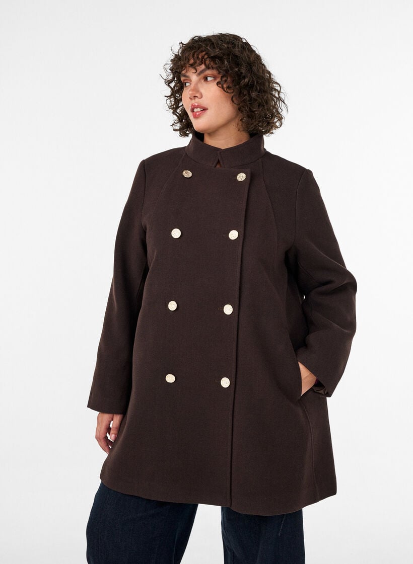 A-line coat with gold buttons, Brown, Model image number 0
