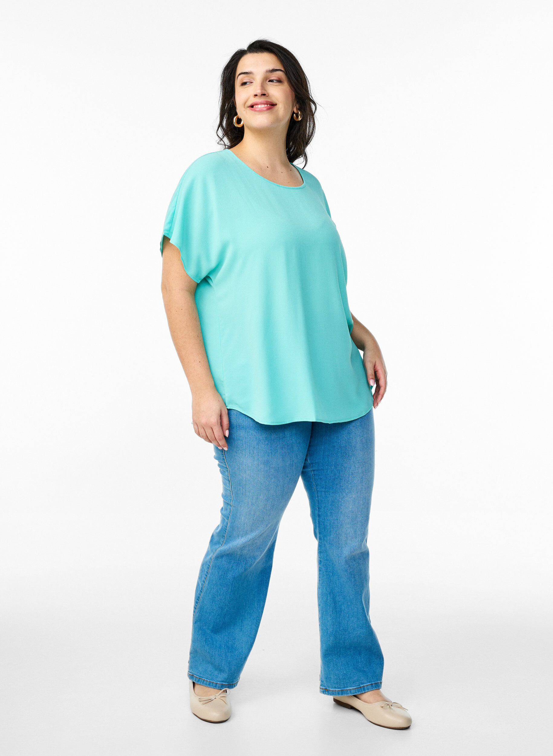 ZizzifashionBlouse with short sleeves and a round neckline, Light Blue, Model image number 1