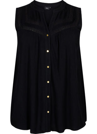 Sleeveless viscose blouse with crochet detail, Black, Packshot image number 0