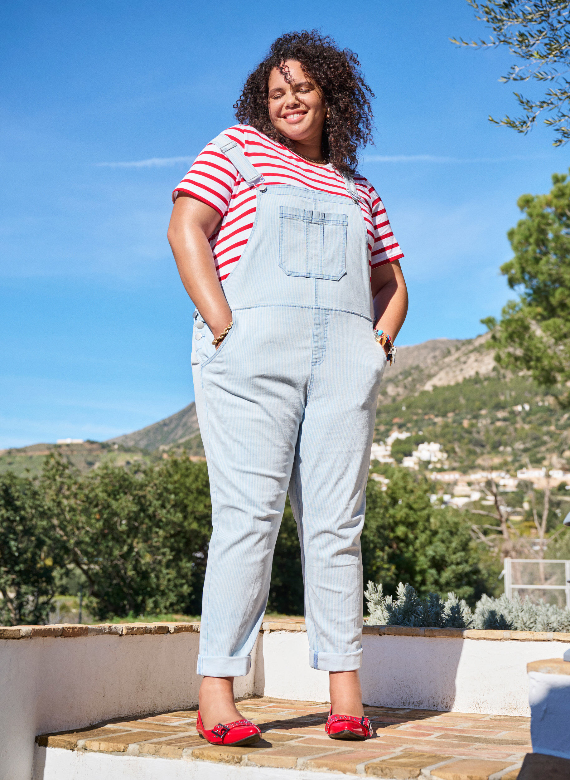 ZizzifashionStriped denim overalls, Light Blue, Image image number 0
