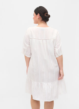 Striped viscose dress with lace ribbons, Bright White, Model image number 1