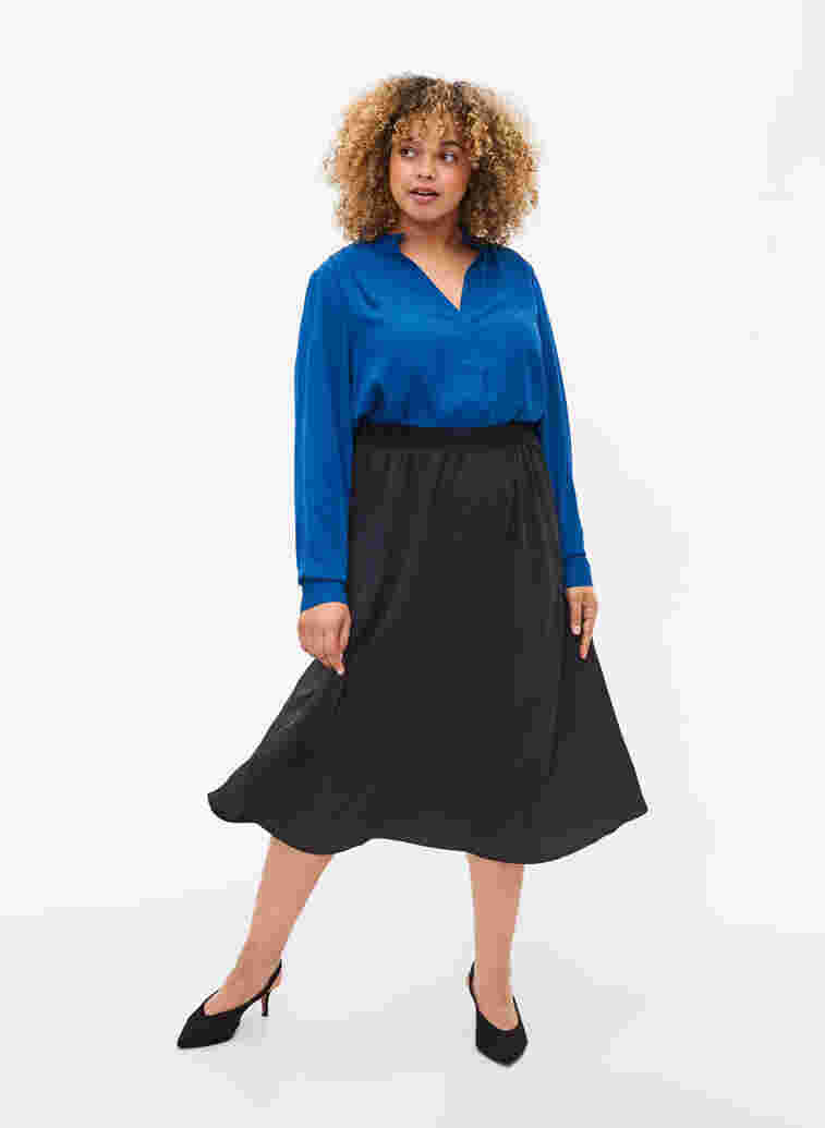 Long sleeve shirt with ruffle collar, Estate Blue, Model image number 2