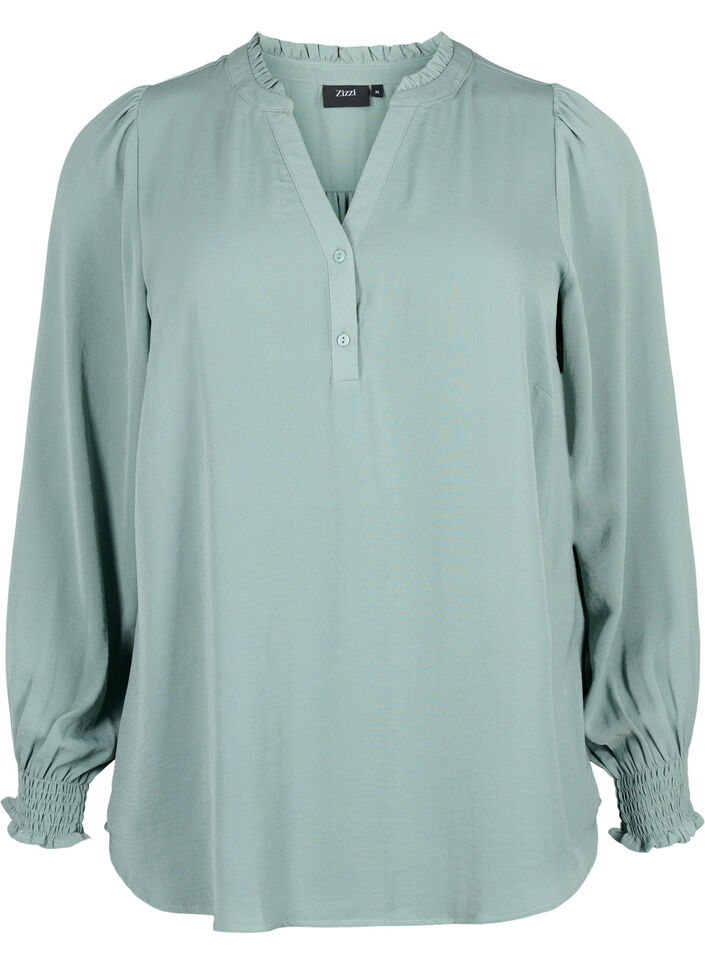Blouse with smock and v-neckline, Chinois Green, Packshot image number 0