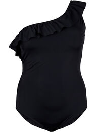 One-shoulder swimsuit with ruffle, Black, Packshot